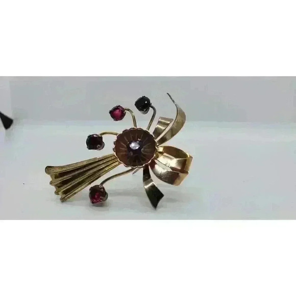 RARE Vintage Harry Iskin 12K Gold Filled Cherry Red Rhinestone Flower Brooch 40s - Picture 10 of 12